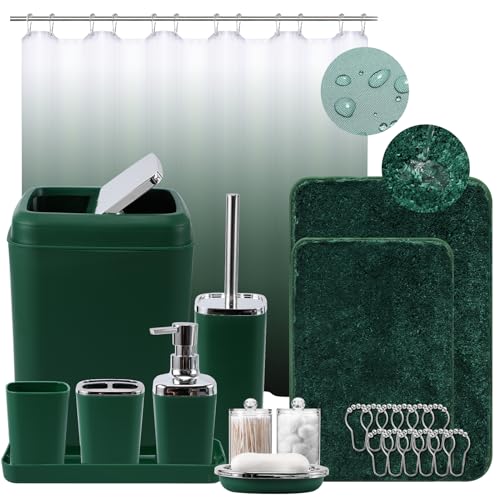 XLHOMO Dark Green Bathroom Accessories Set with Shower Curtain and No-Slip Bath Rugs,24PC Bath Sets with Trash Can, Toothbrush Holder, Cup, Soap Dispenser, Tray, Soap Dish, Toilet Brush, Qtip Holders - color: Dark Green, size: Bathroom Set+Shower Curtain+