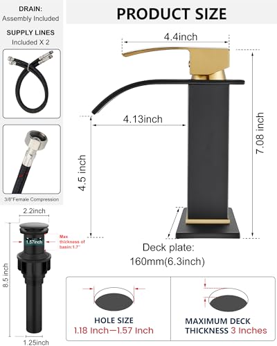 Midanya Waterfall Bathroom Faucet 1 Hole,Brushed Gold Handle/Matte Black | with 24” Hoses,Pop Up Drain,6” Deck Plate,for 1 or 3 Hole Vanity,Lavatory,RV,Single Handle Bathroom Sink Faucet,NSF Certified - color: Gold Handle/Black