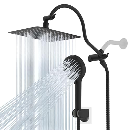 Hibbent All Metal High Pressure Rainfall 10'' Shower Head, CUPC Certified Handheld Showerhead Combo, 12'' Adjustable Shower Extension Arm, 10-Spray, 71'' Hose, Adhesive Showerhead Holder, Matte Black - color: Matte Black, style: Square 10''