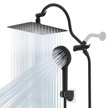 Hibbent All Metal High Pressure Rainfall 10'' Shower Head, CUPC Certified Handheld Showerhead Combo, 12'' Adjustable Shower Extension Arm, 10-Spray, 71'' Hose, Adhesive Showerhead Holder, Matte Black - color: Matte Black, style: Square 10''