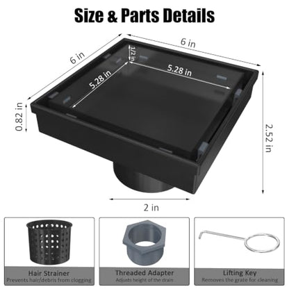 Tile Insert Square Shower Drain 6 in with Strainer, Matte Black | SUS 304 Stainless Steel, Removable Grate & Hair Strainer Design, for Bathroom, Kitchen, Balcony, Garage, Basement, Toilet - color: Matte Black, size: 6-Inch