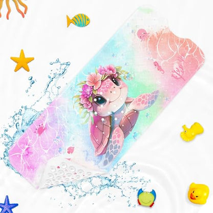 Cute Pink Sea Turtle Bathtub Shower Mat Marine Life Ocean Flower Non-Slip Tub Mat Extra Long Bath Floor Mats 40X16 Inch Machine Washable for Bathroom Tub Bath Mat for Toddler and Baby - color: Pink Sea Turtle
