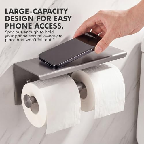 Double Toilet Paper Holder with Shelf, Wall Mount Tissue Roll Holder for Bathroom, 304 Stainless Steel Commercial Toilet Tissue Dispensers with Phone Shelf(Grey) - color: Grey
