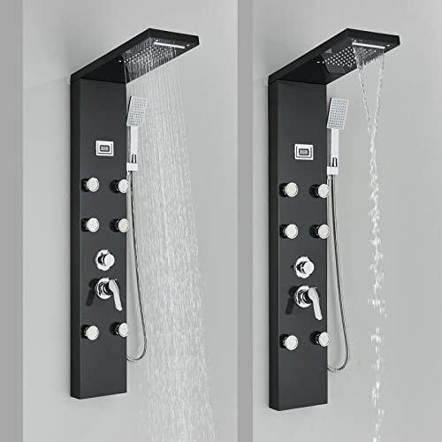 LED Light Shower Panel Tower Rainfall Waterfall Shower Head with Massager Jets Body System Jet Black B (Color : Black A) - color: Black a