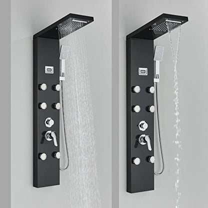 LED Light Shower Panel Tower Rainfall Waterfall Shower Head with Massager Jets Body System Jet Black B (Color : Black A) - color: Black a