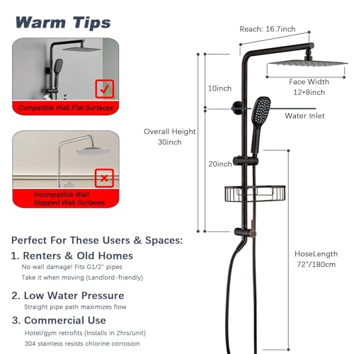Oil Rubbed Bronze Shower System with Caddy, 12 Inch | Stainless Steel Bathroom Rain Shower Head and Handle Set Fixture, Outdoor Shower Kit Exposed Wall Mounted - color: Oil Rubbed Bronze, style: 2.5 Gallons Per Minute-Square