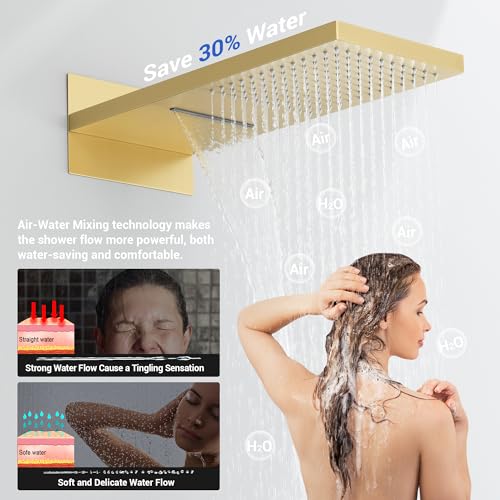 Thermostatic Shower System, Waterfall Shower Head(Brushed Gold) | 22-Inch Rain & Waterfall Large Shower Head, High Pressure Handheld Sprayer, 3 Modes Push Button Valve - color: Brushed Gold