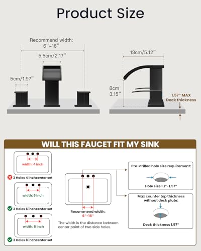 gotonovo Waterfall Bathroom Faucet 3 Hole Square Body,Matte Black | SUS304 8’’ Widespread Bathroom Sink Faucet,2.17’’ Wide Spout,24’’ cUPC Hose,Pop Up Drain,2 Handle,Vanity,Lavatory,Basin,RV - color: Black