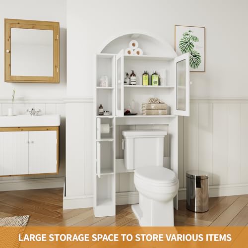 Over The Toilet Storage,Arched Wooden Over The Toilet Storage Organizer with Double Doors,Multiple Compartments and Open Shelves,Anti-tip Device,Space Saving (Toilet cabinet-white-01)