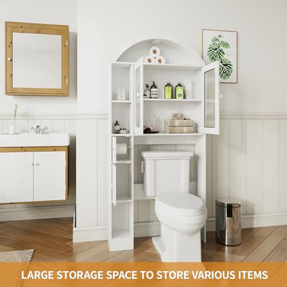 Over The Toilet Storage,Arched Wooden Over The Toilet Storage Organizer with Double Doors,Multiple Compartments and Open Shelves,Anti-tip Device,Space Saving (Toilet cabinet-white-01)