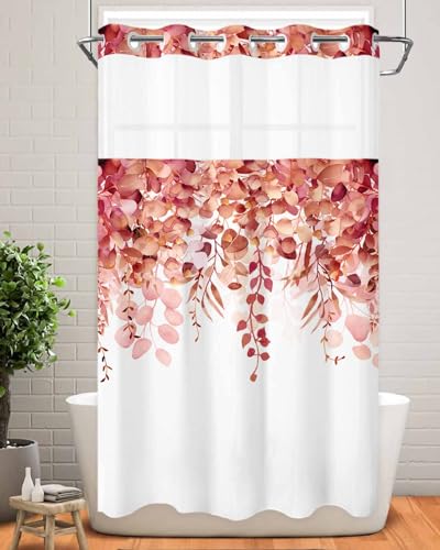 No Hook Shower Curtain and Snap in Liner Set, Red Eucalyptus Fabric Bathroom Stall Shower Curtains 36x72, See Through Mesh Top Window, Spring Summer Botanical Floral Leaves Country Hotel Style - color: Red, size: 36"W x 72"L (Pack of 1)