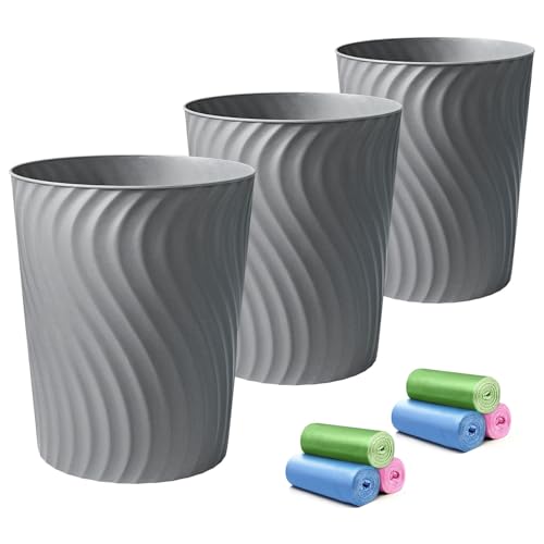 YGJT Small Trash Can, 3 Pack 1.8 Gallons Bathroom Trash Can with Trash Bags | Slim Waste Basket, Round Garbage Can, Plastic Trash Bin for Kitchen, Dorm, Bedroom, Office, Living Room|Compact Spaces(Grey) - color: Grey S, size: 3Pack