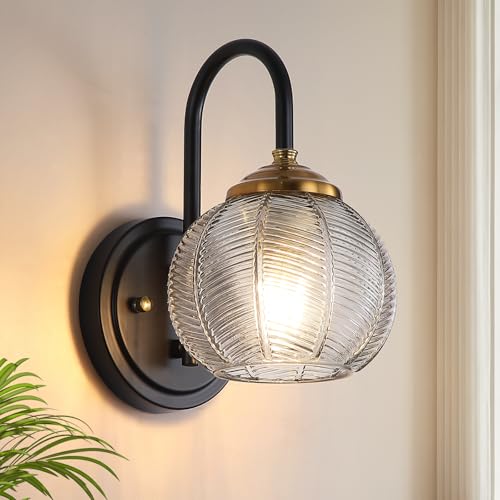 Mecgirn Bathroom Vanity Light Fixtures, 1-Light Smoky Gray Glass Shade, Modern Black and Gold Wall Sconce, Unique Textured Leaf Pattern, Ceramic E26 Sockets Wall Mounted for Mirror, Cabinet, Hallway - color: Black and Gold, size: 1 Light
