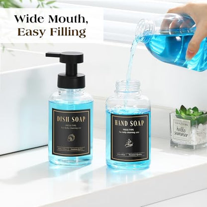 Luxspire Glass Foaming Soap Dispenser 15oz Hand Soap Bottle, Clear, 2 Pack | Anti-drip pump, wide mouth easy refill, non-slip silicone base, 7 waterproof labels, bathroom and kitchen sink use - color: Clear