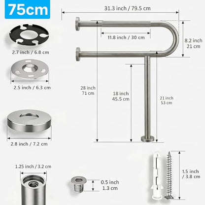 30 Inch Toilet Grab Bar with Leg for Bathroom, Wall & Floor Mounted Stainless Steel Handicap Grab Bar, Brushed Nickel Anti-Slip Knurled Grip, Safety Rail for Elderly, Disabled and Pregnant - size: 30 Inch