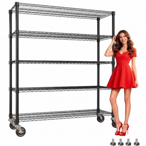 Garvee Storage Shelves, 5-Tier Metal Shelving Units with Wheels, 73" H x 59" W x 17.1" D, 3300 LBS Heavy Duty Wire Shelving Rolling Rack for Garage Kitchen Home Basement, Adjustable, Black | 76.8"Hx59"Wx17.7"D, Adjustable, Heavy Duty, Wire Shelving Rack,