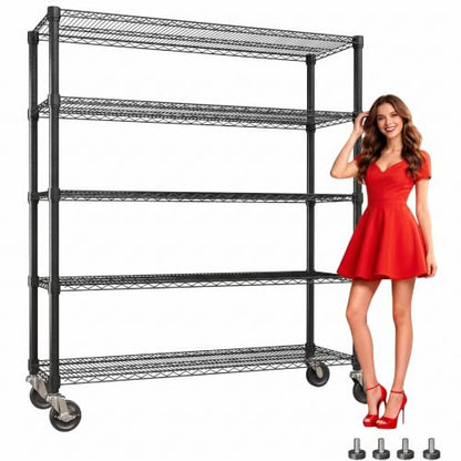 Garvee Storage Shelves, 5-Tier Metal Shelving Units with Wheels, 73" H x 59" W x 17.1" D, 3300 LBS Heavy Duty Wire Shelving Rolling Rack for Garage Kitchen Home Basement, Adjustable, Black | 76.8"Hx59"Wx17.7"D, Adjustable, Heavy Duty, Wire Shelving Rack,