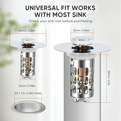 Bathroom Sink Drain Strainer, Universal 3 in 1 Bathroom Sink Stopper, Pop Up Bathroom Sink Drain Stopper with Removable Bathroom Sink Stopper Hair Catcher Basket, for 1.1 to 2.36''Hole - style: bathroom sink-1Pack