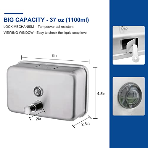 Commercial Soap Dispenser Wall Mount Stainless Steel, Horizontal | Rust-Proof Lining and Anti-Leak Pump Liquid Hand 1100ml / 37oz. - size: Horizontal