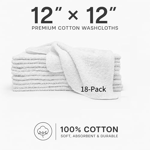 Washcloths, 18 Pack White 12x12 Inch Soft Absorbent Quick Dry Cotton Face Towels, Multipurpose Cloths for Bathroom, Gym, Household Cleaning