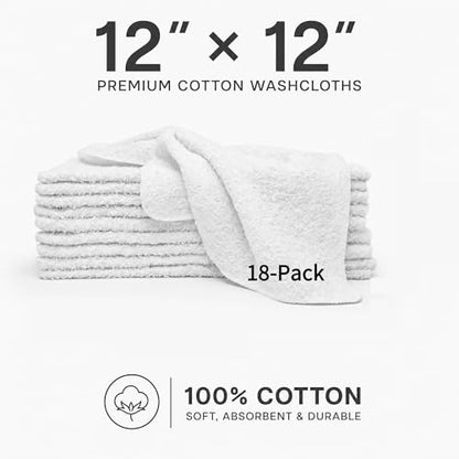 Washcloths, 18 Pack White 12x12 Inch Soft Absorbent Quick Dry Cotton Face Towels, Multipurpose Cloths for Bathroom, Gym, Household Cleaning