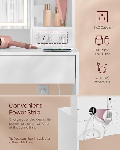 VASAGLE KAILYN Collection - Vanity Desk with Power Outlets, Makeup Vanity with Mirror and Lights, Upholstered Vanity Stool, LED Lights, 6 Compartments, 2 Drawers, for Bedroom, Cloud White URDT031W01 - style: 35.4"W 2 Drawers Vanity Set - Cloud White