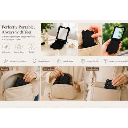 Portable Folding Makeup Mirror with Black Rose Frame, Compact Travel Vanity Mirror, Decorative Tabletop Cosmetic Mirror