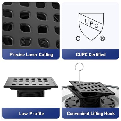 Square Shower Drain with PVC Bonding Flange Base, 4" Matte Black | 304 Stainless Steel Drain w/ Drain Key for Low Profile Shower Tiles, CUPC Certified - color: Black4"