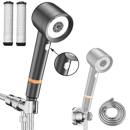 Shower Head with Handheld, High Pressure Shower HeadS with Pause Switch 4 Spray Modes Filter Showerhead with 79 in Hose, Adhesive Wall Mount，Bracket and Replace Filter (Grey)