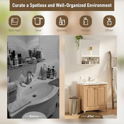 Bathroom Wall Cabinet, Wall-Mounted Medicine Cabinet with Adjustable Wood Shelf & Doors, Floating Bathroom Cabinet Over Toilet for Laundry Room & Kitchen & Living Room (White) - color: White