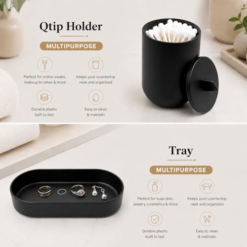 LGURT Matte Black Bath Accessories — 4-Pc Dispenser, Tumbler, Cup & Tray | Plastic, Lotion 10oz / 300ml, Vanity Tray (7.87"×2.56"), Compact for Dorm & Rentals. - color: Model 1-matte Black