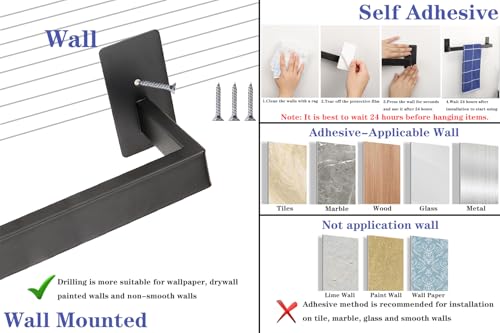 5 Pieces Self Adhesive Bathroom Hardware Set-SUS304 Stainless Steel-Towel Rack Set Include 24″Towel Bar+Toilet Paper Holder+3 Towel/Robe Hooks Bathroom Accessory Towel Bar Set (Black, 24 in) - size: 24 IN