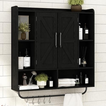RUSTOWN Rustic Bathroom Wall Storage Cabinet with 2 Barn Doors, Black | Farmhouse Medicine Cabinet, Wall Mounted, Space Saving, 3-Tier Adjustable Shelves, Towel Bar, 5 Hooks