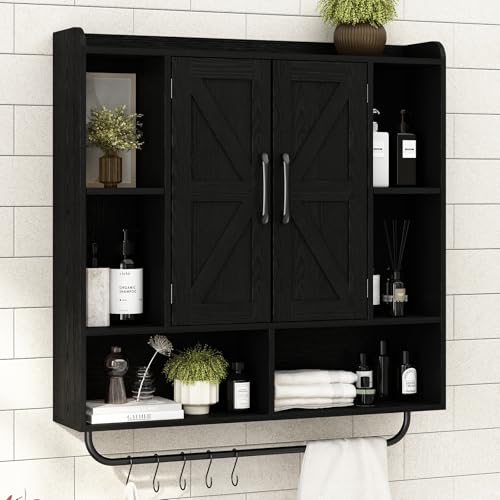 RUSTOWN Rustic Bathroom Wall Storage Cabinet with 2 Barn Doors, Black | Farmhouse Medicine Cabinet, Wall Mounted, Space Saving, 3-Tier Adjustable Shelves, Towel Bar, 5 Hooks