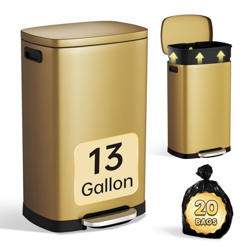 ELPHECO Kitchen Trash Can with Lid 13 Gal Stainless Steel Pedal Garbage Can | Soft Close Lid Pedal Heavy-Duty Fingerprint Proof Step Wastebasket with 20 Bags Removable Bucket, Home Office, Titanium Gold - color: Titanium Gold