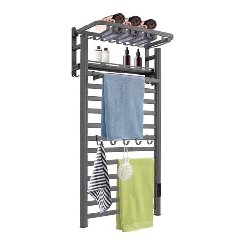 Electric Towel Warmer Rack, 12-Bar Wall Mounted Heated Towel Rack with Smart Touch Screen & Timer, IPX4 Waterproof Aluminum for Bathroom, Plug-in/Hardwired, Grey