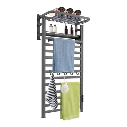 Electric Towel Warmer Rack, 12-Bar Wall Mounted Heated Towel Rack with Smart Touch Screen & Timer, IPX4 Waterproof Aluminum for Bathroom, Plug-in/Hardwired, Grey