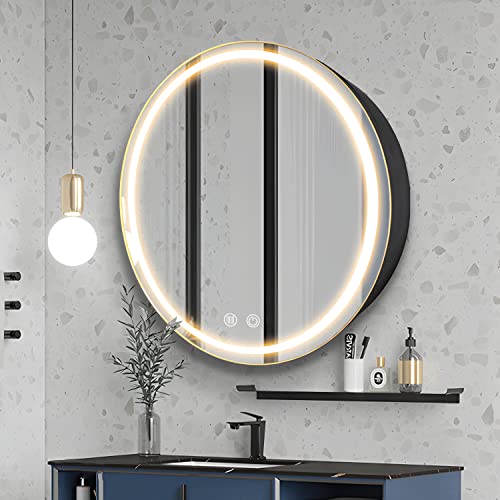 26inch Round Medicine Cabinet with Lights,Led Medicine Cabinet with Defogger,Illuminated Mirror Cabinet for Bathroom,Dimmable,Anti-Fog,3000k-6500K Color Temperature - color: Black, size: 26inch