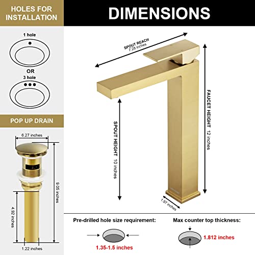 Gold Vessel Sink Faucet, BF307-T-SG | Brushed Gold Single Hole Bowl Sink Faucet Tall Bathroom Faucet Single Handle with Pop up Drain Assembly - color: Brushed Gold (Tall)