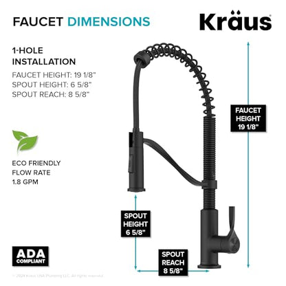 KRAUS Torak Pull Down Kitchen Faucet in Matte Black with Commercial Style Spring Spout, 2 Function Sprayer, Pre-Attached Water Lines, and Mounting Hardware, KPF-2635MB - color: Matte Black, style: Commercial Faucet