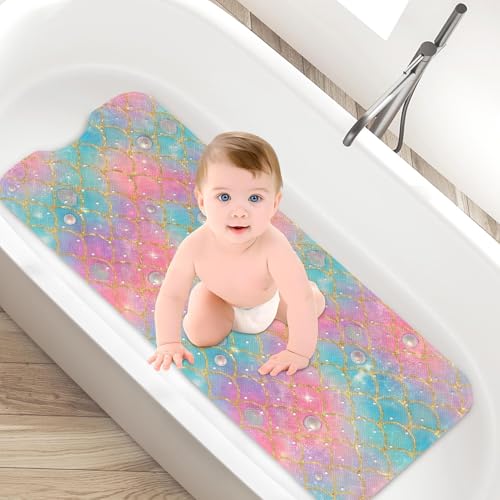 Mermaid Seashell Glitter Bathtub Shower Mat Ocean Princess Non-Slip Tub Extra Long Bath Floor 40X16 Inch Machine Washable for Bathroom Tub Bath Mat for Toddler and Baby - color: Coloful Mermaid Scales
