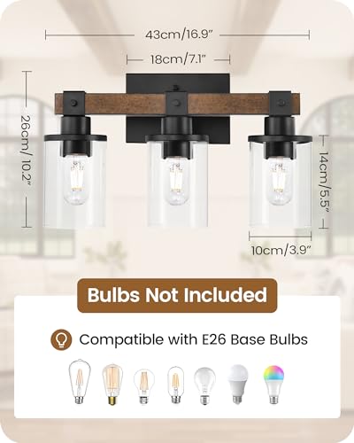 3-Light Bathroom Light Fixture, Farmhouse Vanity Lights for Bathroom with Glass Shade, Rustic Bathroom Light Fixtures, E26 Base F08BD05 - size: 3-Light