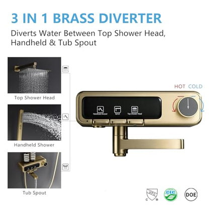 Rainfall Showerhead and Handle Set, 10" Bathroom Shower System, 3 Functions Wall Mounted Shower Faucet Complete Combo Solid Brass with Foldable Tub Spout Modern Bathtub Faucet Shower Trim Kit - color: Brushed Gold