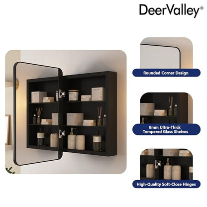 DeerValley 16 x 24 Inch Medicine Cabinet with Mirror, Black Bathroom Mirror Cabinet, Surface Mount, Adjustable Glass Shelves, Aluminum Framed Slow-Closing Door, Dual-Sided Mirrors - size: 16" x 24''
