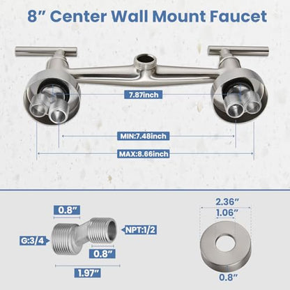 Airuida 8 Inch Center Wall Mounted Kitchen Sink Faucet | 360° Degree Swivel Spout,Double Handle,Wall Mount Utility Sink Faucet - color: Brushed Nickel
