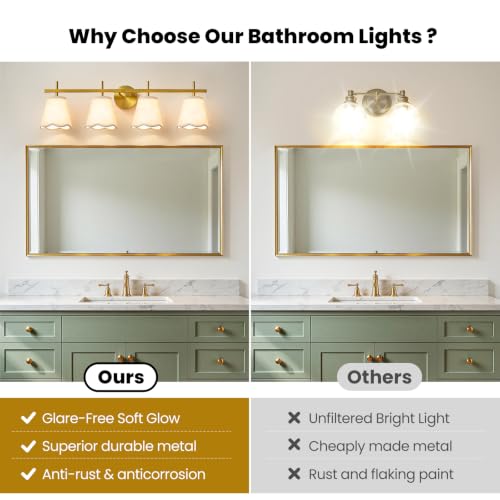 Modern Bathroom Vanity Light, 4-Light Brushed Gold Bathroom Light Fixtures with Scalloped Linen Fabric Shade, Vanity Lighting Fixtures Over Mirror (Exclude Bulb) - color: Gold, size: 4 Light