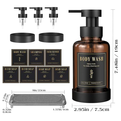 Luxspire 15oz Glass Foaming Soap Dispenser Set, Amber + Dark Gray, 2 Pack | Anti-drip pump, wide mouth easy refill, non-slip silicone base, 7 waterproof labels, refillable glass for hand dish soap - color: Brown