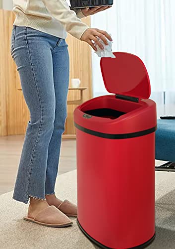 13 Gallon/50 L Kitchen Trash Can with Lid, Stainless Steel Garbage Can with Touch-Free Lid, Cute Trash Can Automatic Trash Can Bathroom Trash Can with Lid, Motion Sensor Trash Can Brushed Finish - color: Red