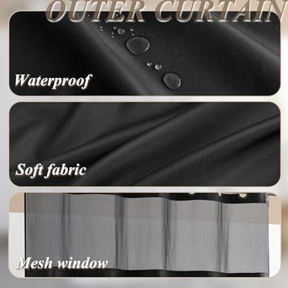 Barossa Design 3 Pcs 71x74 No Hook Shower Curtain Set with Bath Rugs Black | Mesh Window Top, 17Wx24L plus 19Wx29L Chenille Non-Slip Bath Mat, Snap-in Liner - color: Black