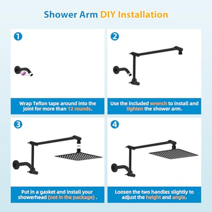 All-Metal 16" Shower Head Extension Arm, G1/2" Universal/Adjustable, Black | Flexible Brass Shower Head Extender Adjustable Height/Angle, Stainless Steel Rain Shower Pipe Height Extended with Lock Joint - color: Matte Black, size: 16 Inch